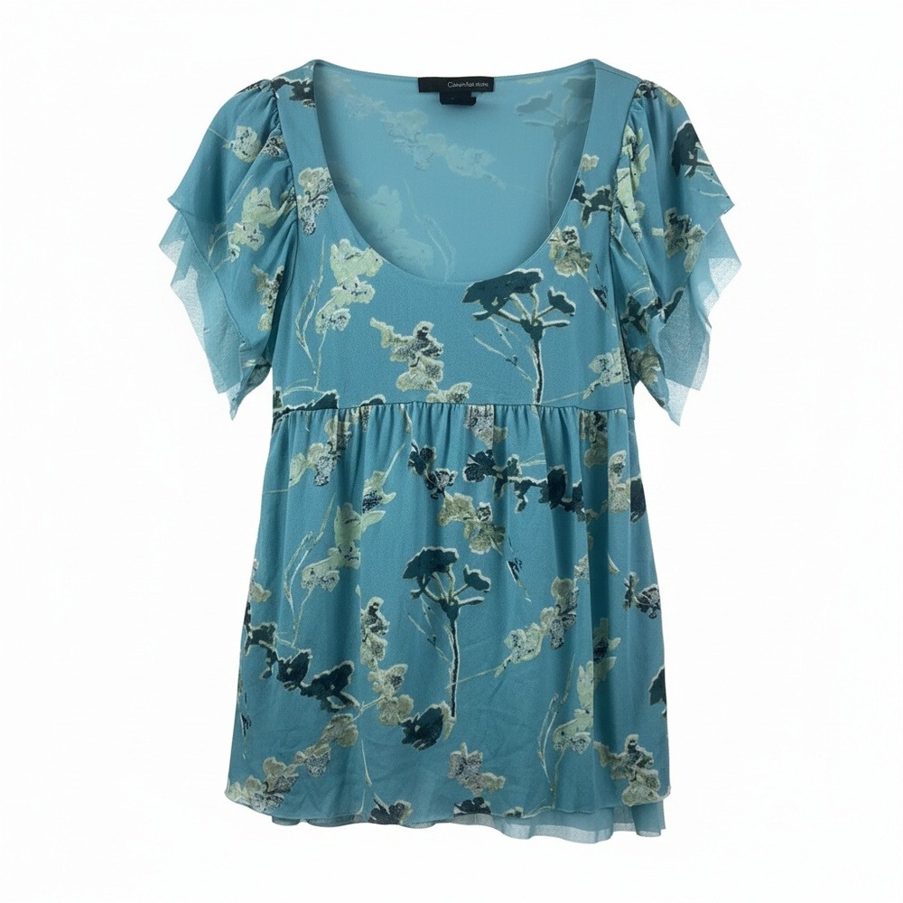Calvin Klein‎ Jeans Womens Turquoise Floral Mesh Babydoll Top Flutter Sleeve S
